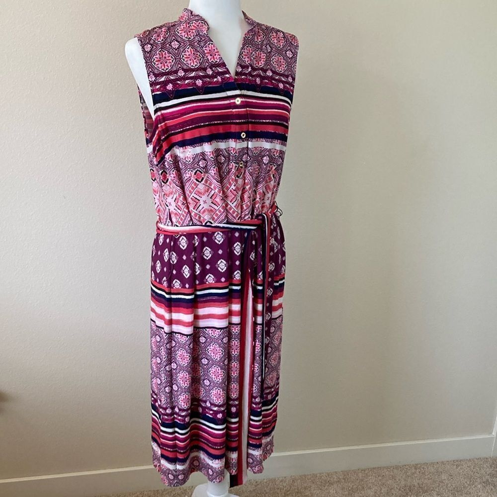 Donna‎ Morgan Pink Burgundy Geometric Stripe Sleeveless Belted Midi Dress 12